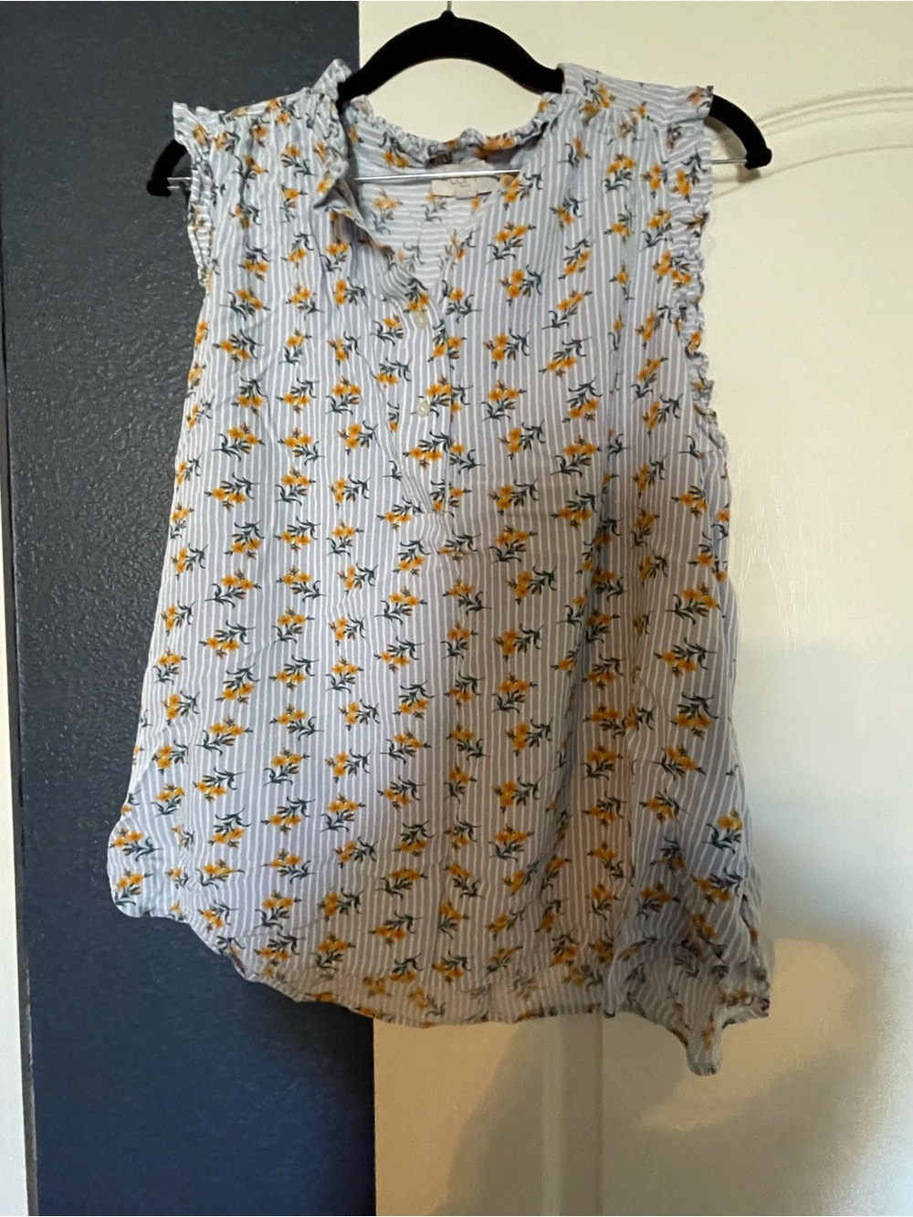LOFT Light Blue Striped Sleeveless Floral Ruffle Top